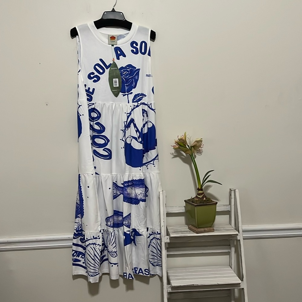 FARM Rio White and Blue Sleeveless Dress